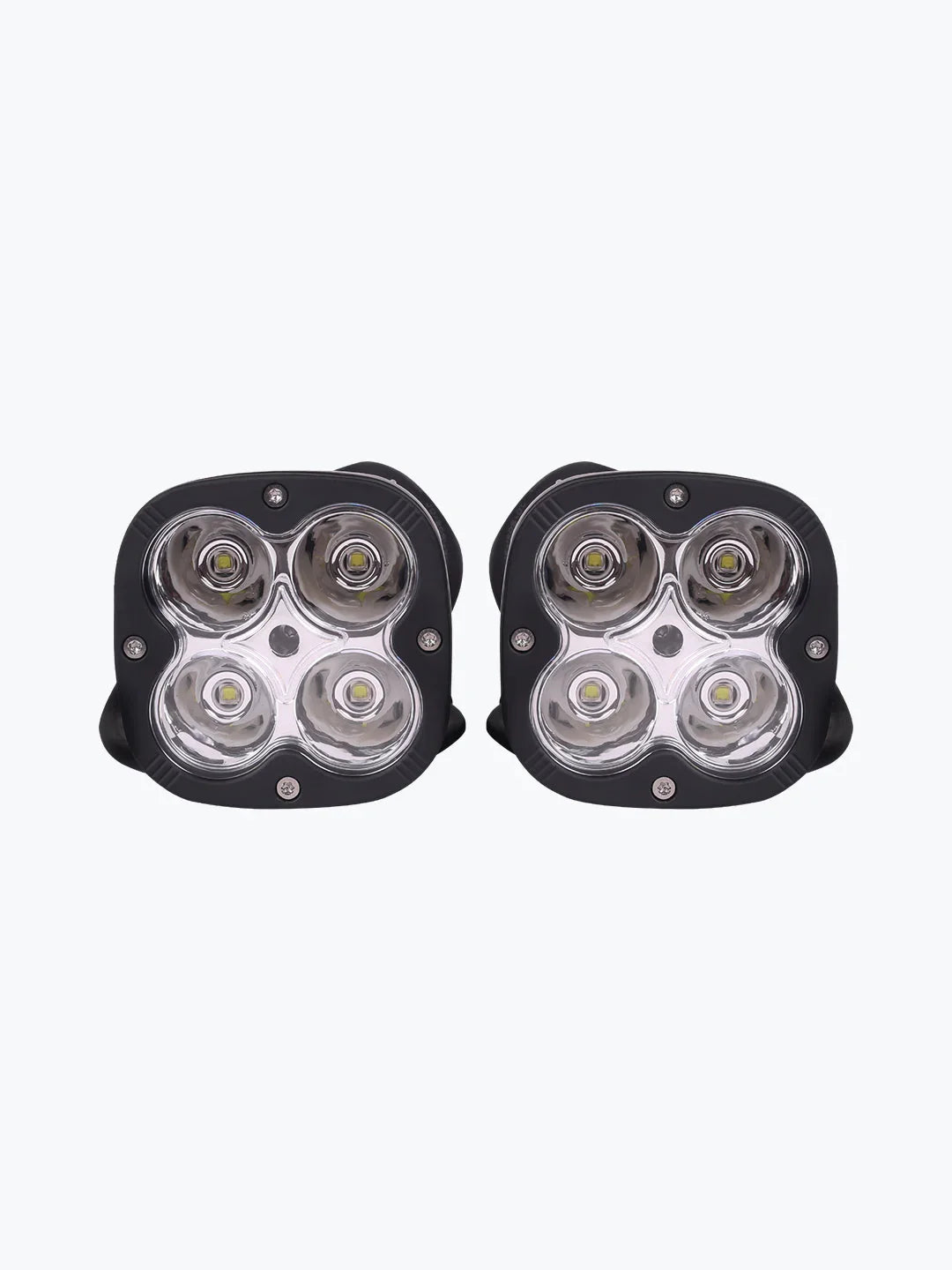 Pair of black LED motorcycle auxiliary lights with four lenses each on white background