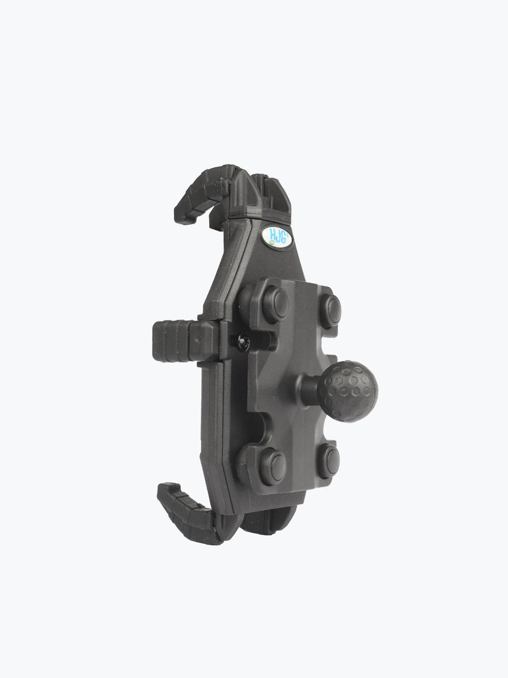 Black motorcycle phone mount with adjustable grip arms and textured knob on white background