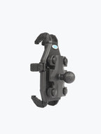 Black motorcycle phone mount with adjustable grip arms and textured knob on white background