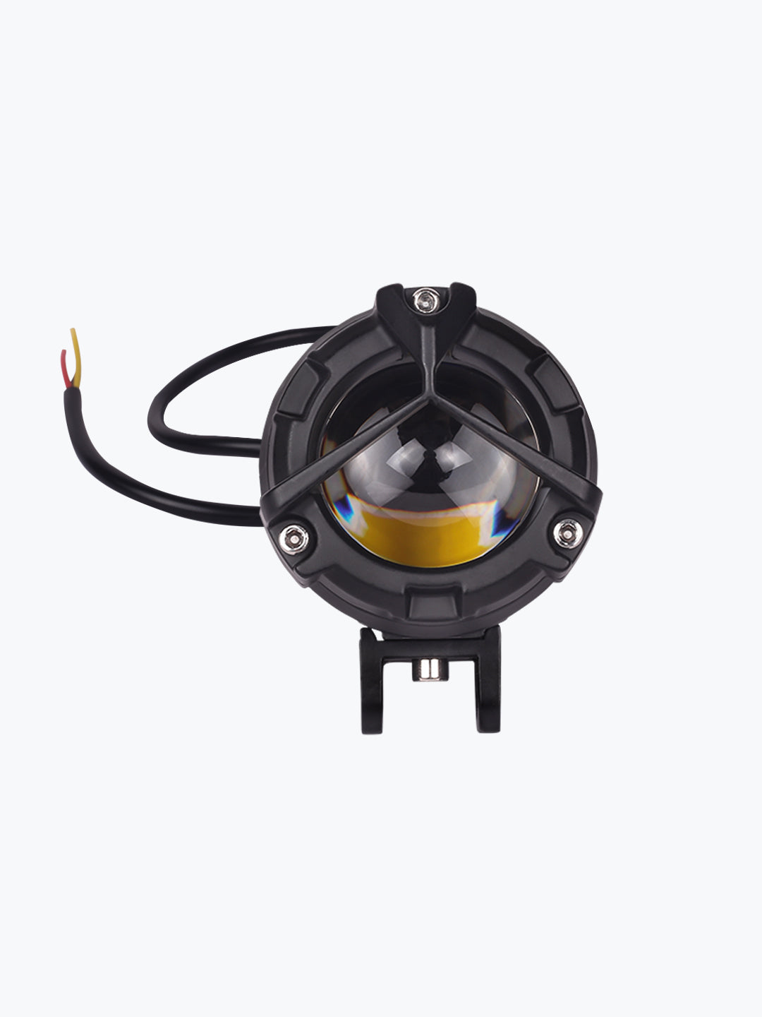 round black motorcycle LED headlight with protective grill and wires on white background