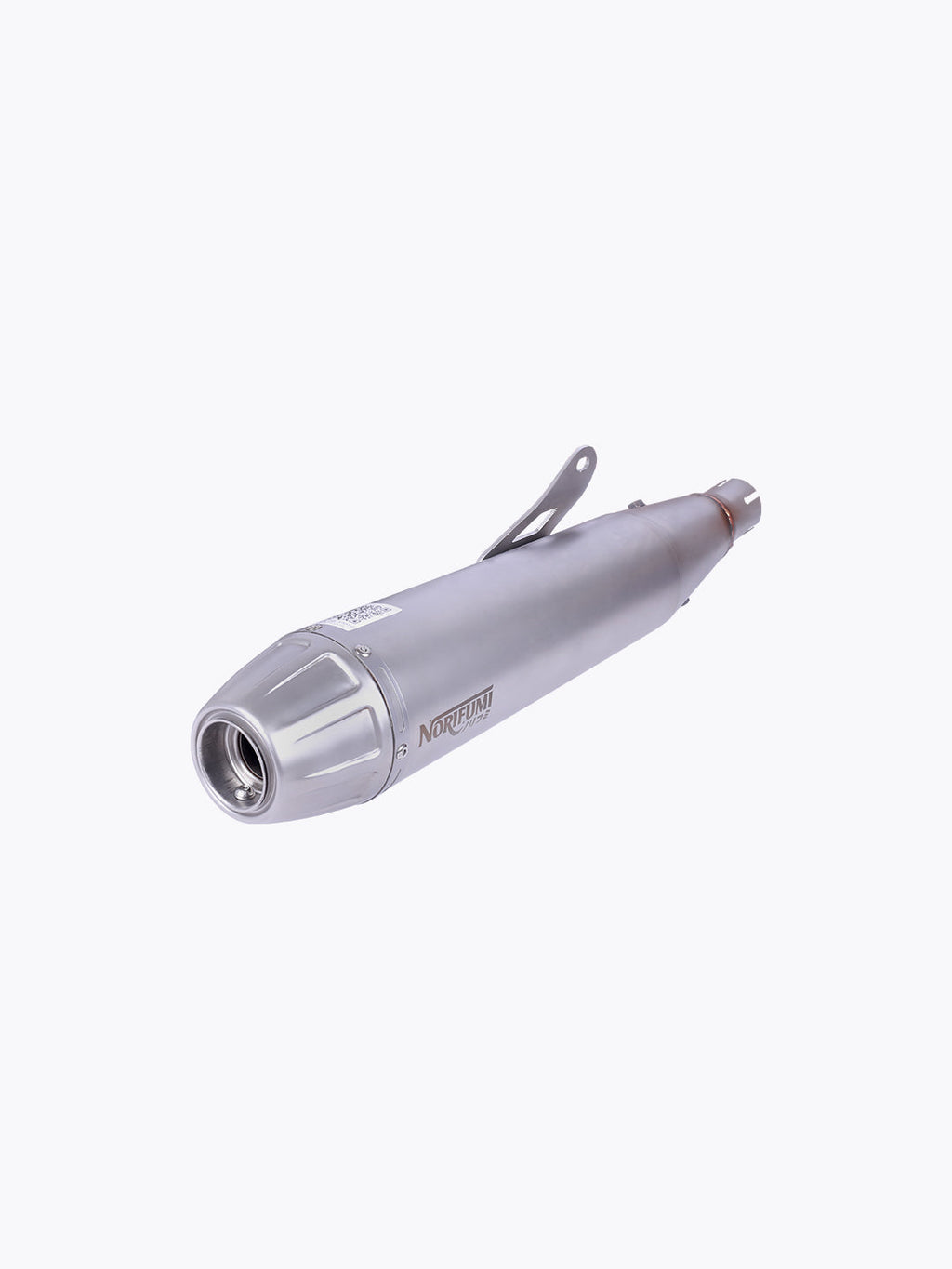 Silver Norifumi motorcycle exhaust pipe on white background