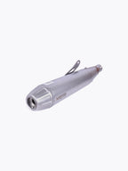 Silver Norifumi motorcycle exhaust pipe on white background