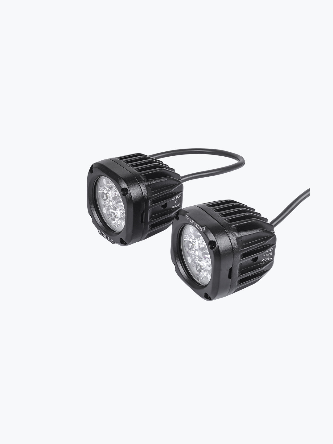 Pair of black LED motorcycle auxiliary lights with wiring on white background