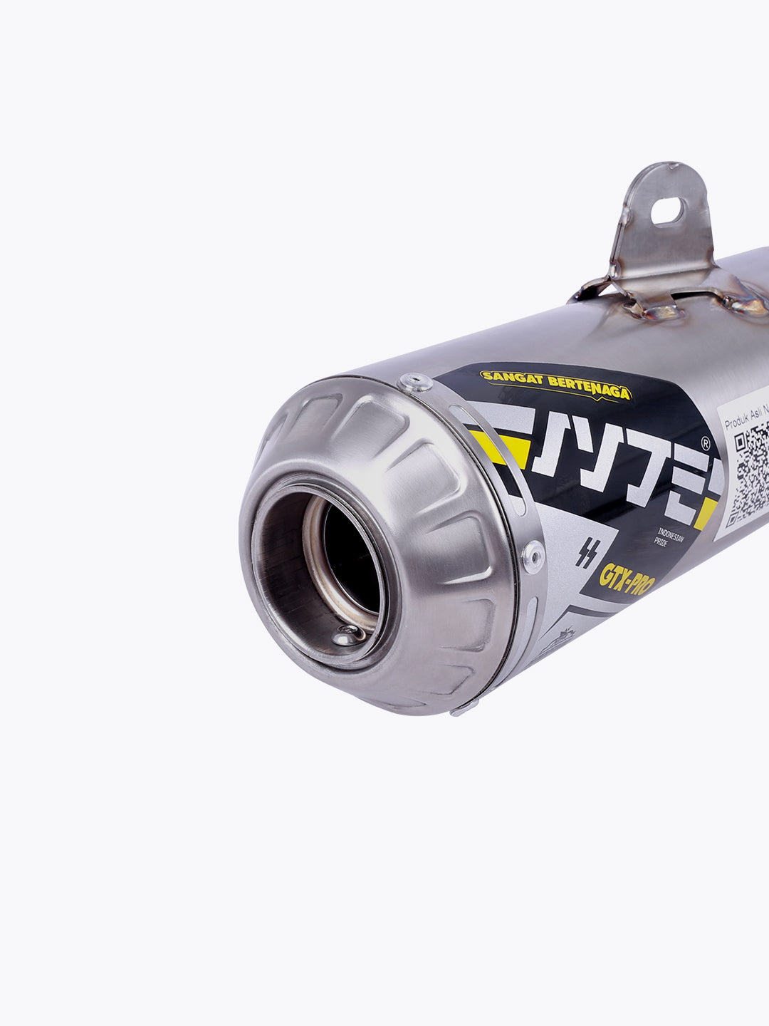 Stainless steel motorcycle exhaust muffler with label and mounting bracket on white background