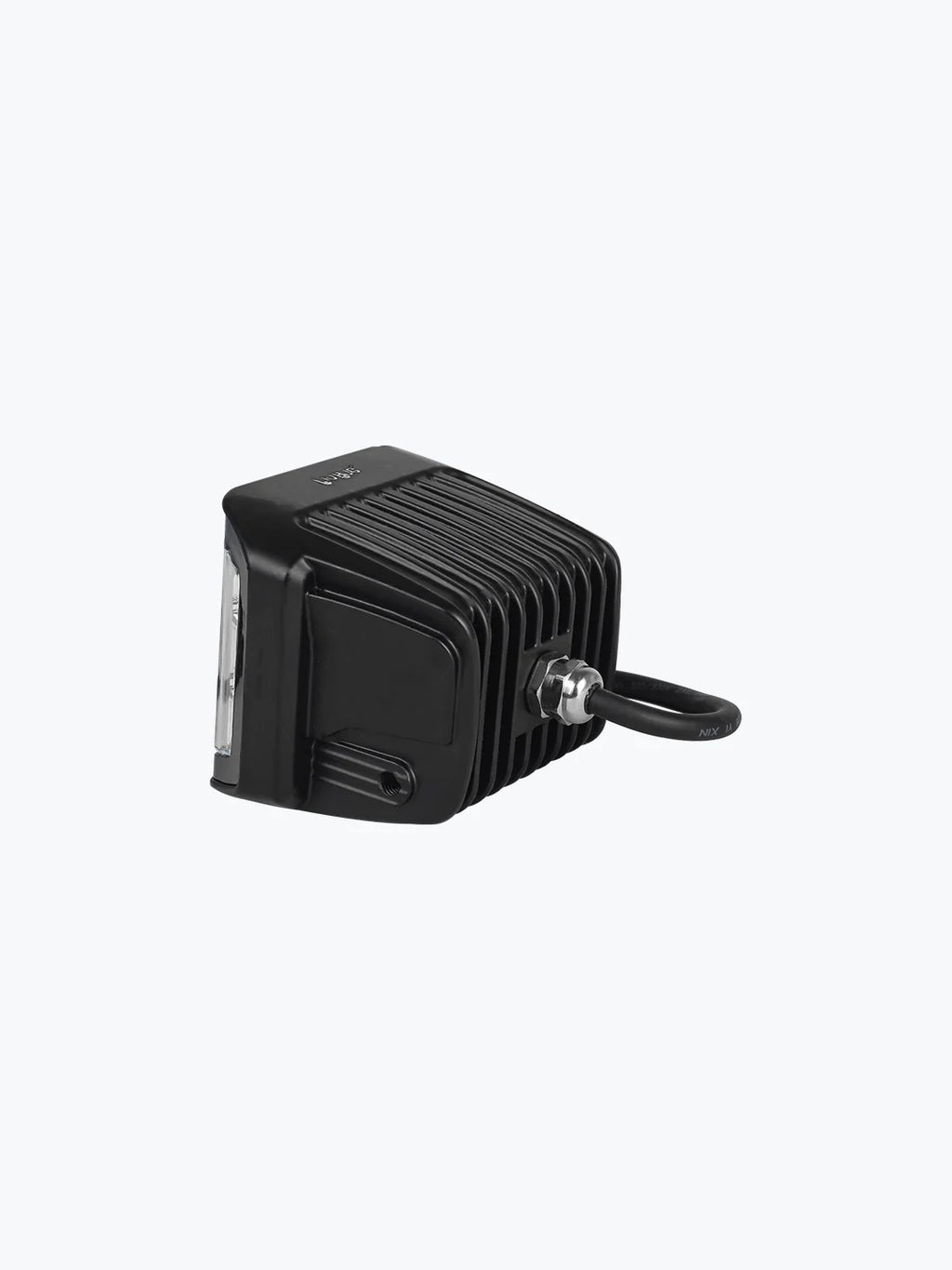 Black LED motorcycle auxiliary light with ribbed heat sink and wiring on a plain background