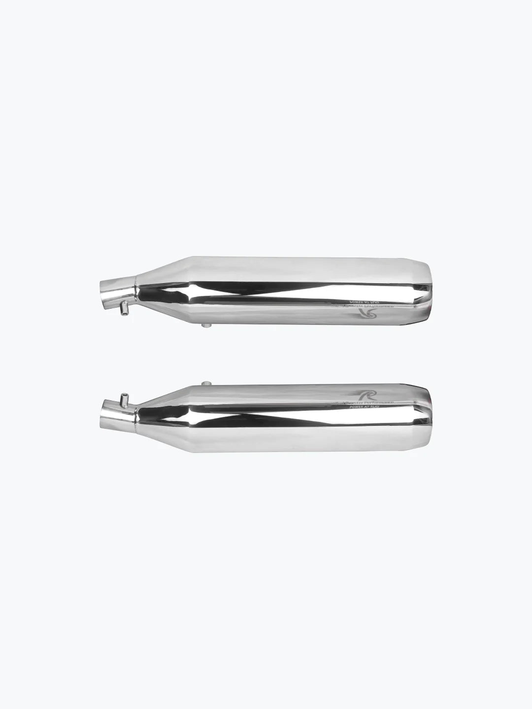 Pair of chrome motorcycle exhaust silencers on a plain white background