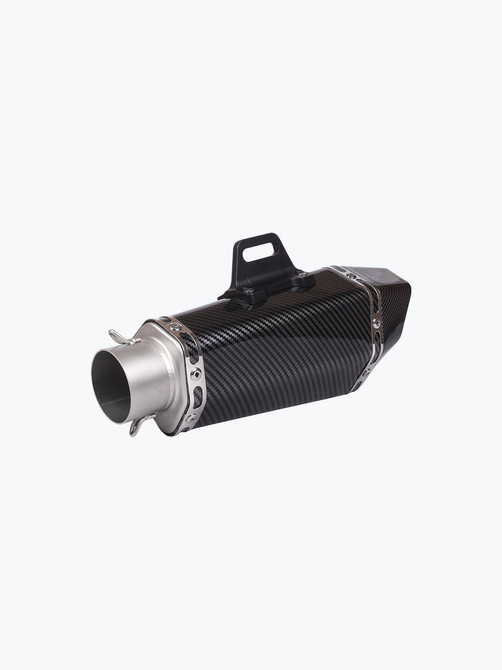 Carbon fiber motorcycle exhaust muffler with stainless steel tip on white background