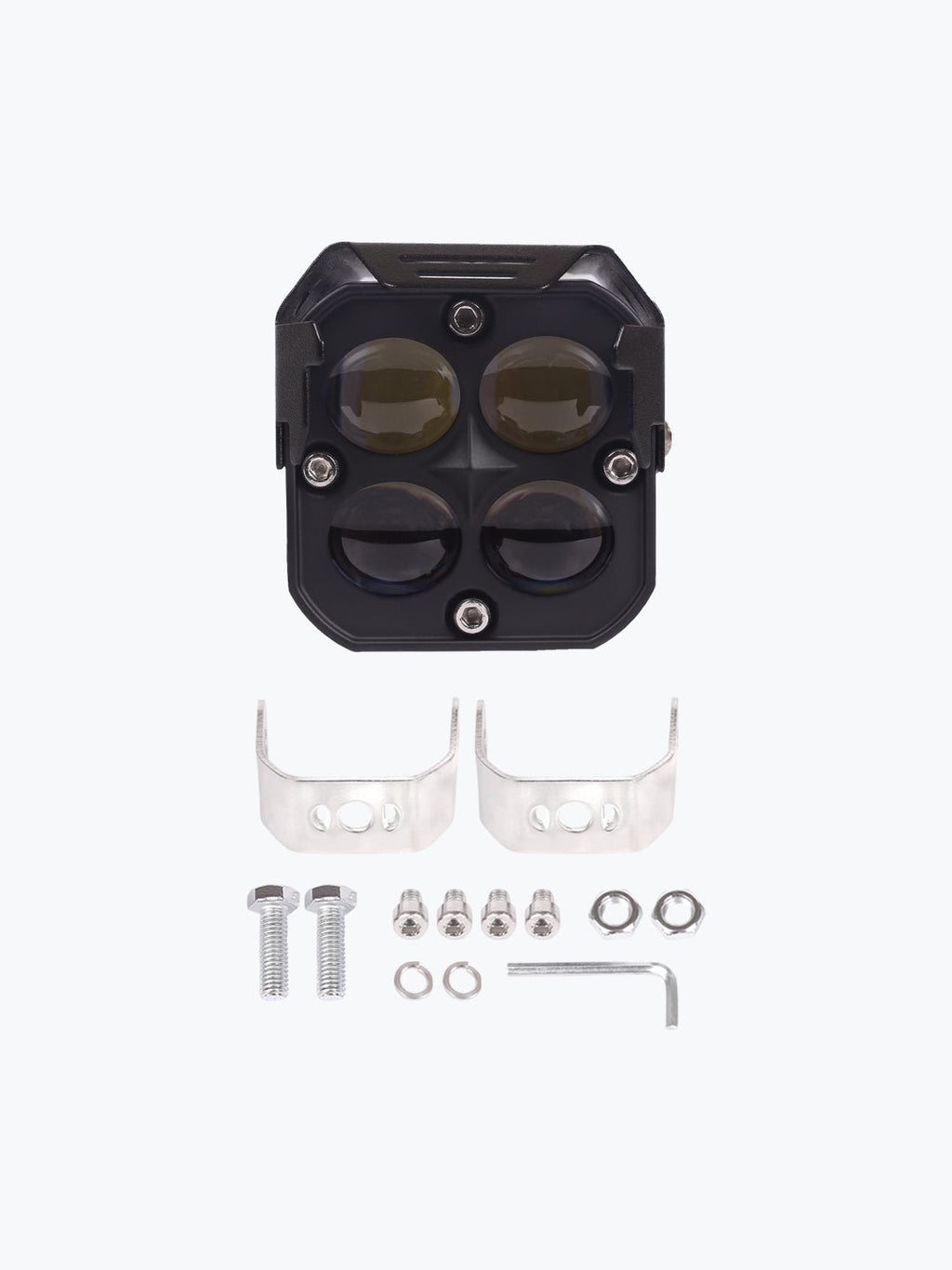 LED motorcycle auxiliary light with mounting brackets, bolts, and installation hardware