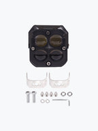 LED motorcycle auxiliary light with mounting brackets, bolts, and installation hardware