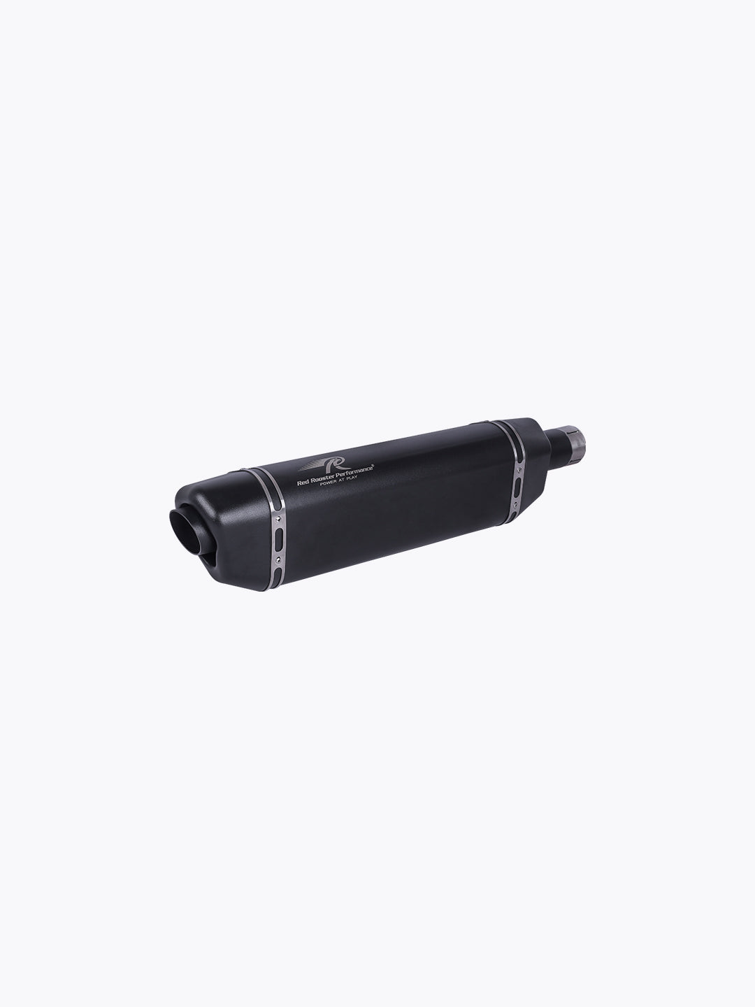 Black motorcycle exhaust muffler with metal accents on white background