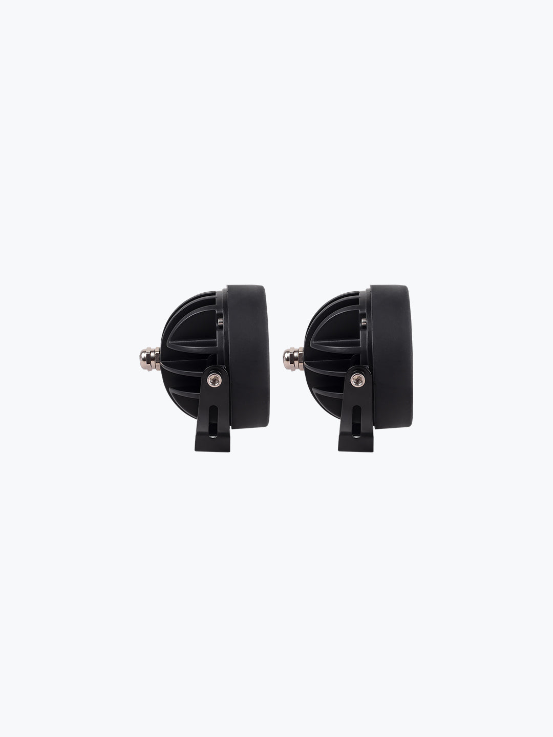 Pair of black motorcycle LED auxiliary lights with mounting brackets, side view on white background
