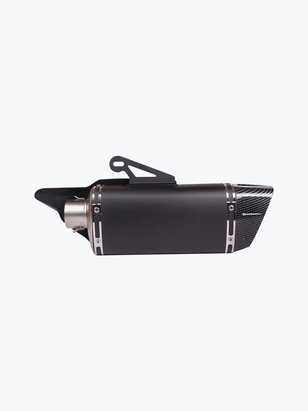 black motorcycle exhaust muffler with carbon fiber tip on white background