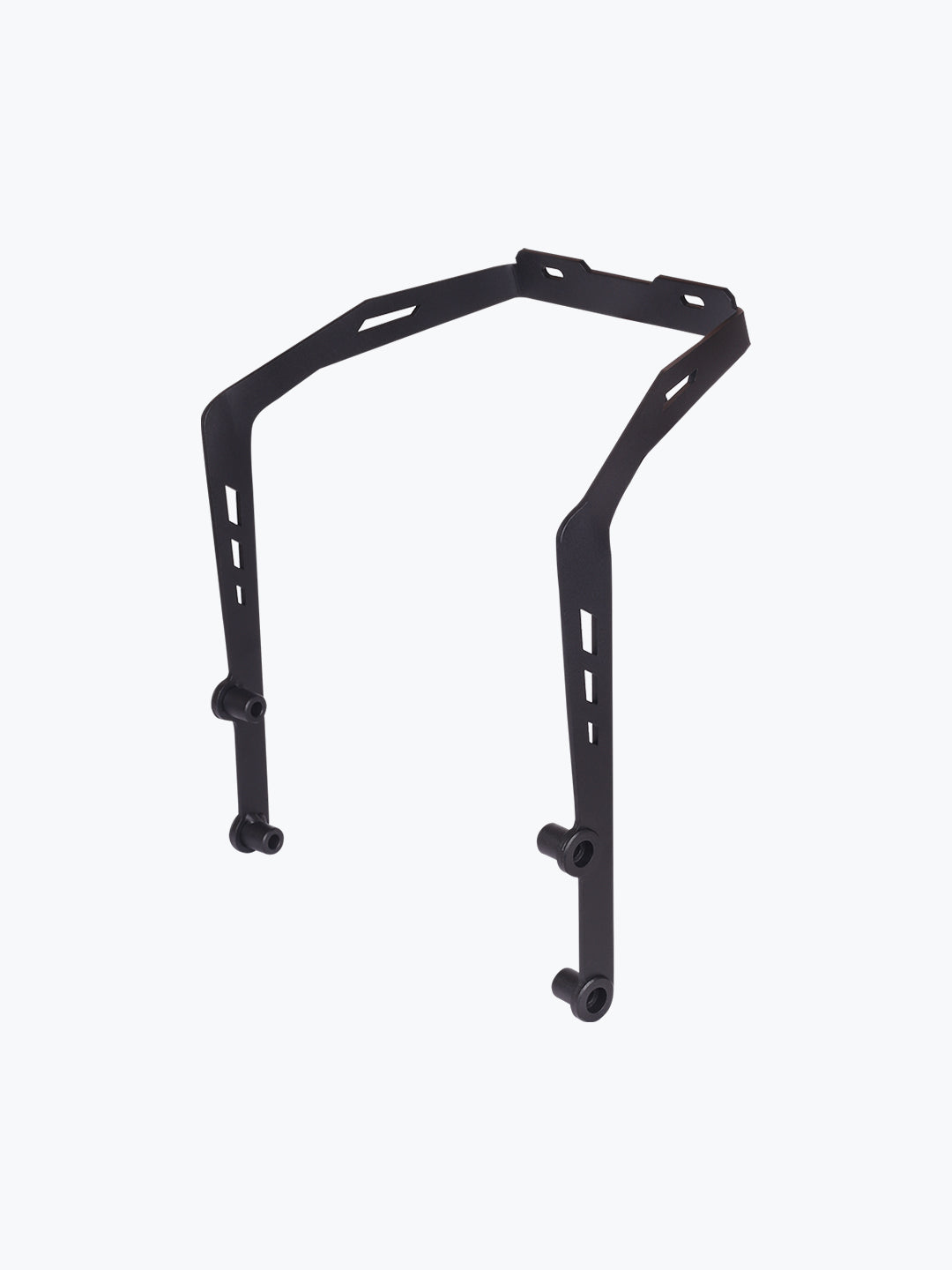 Black metal motorcycle luggage rack bracket on white background