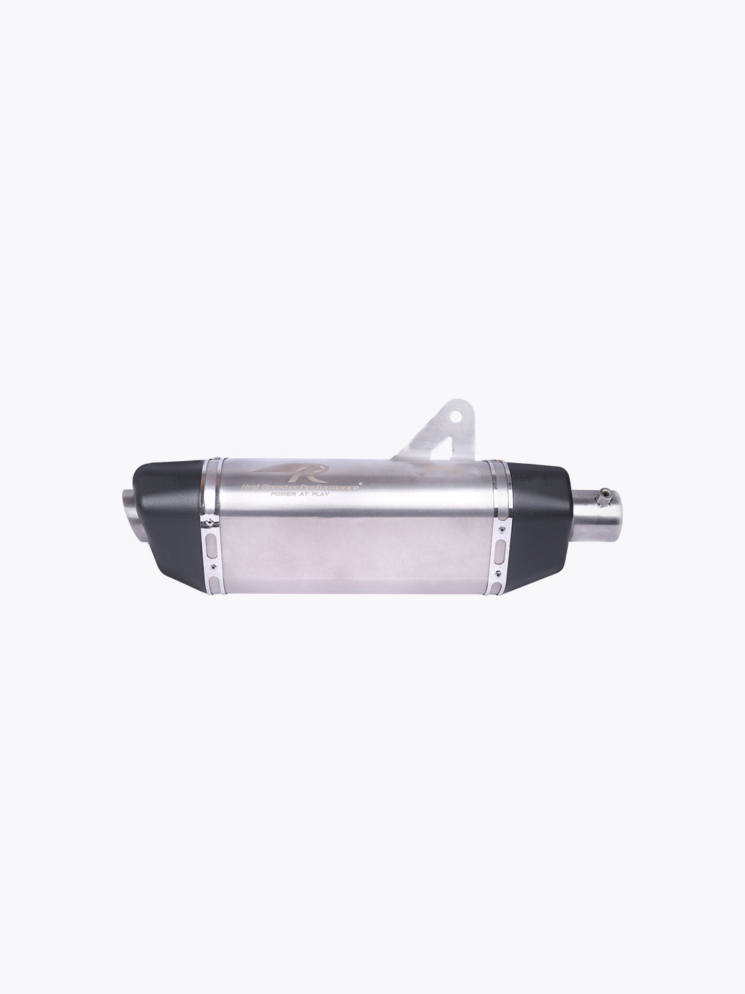 Stainless steel motorcycle exhaust muffler with black end caps on white background
