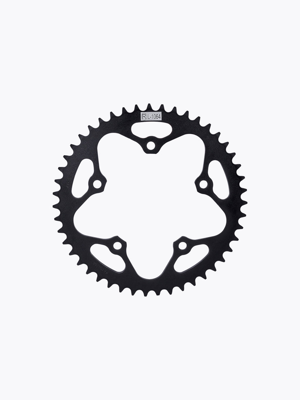 Black motorcycle sprocket gear with 5-bolt pattern on white background
