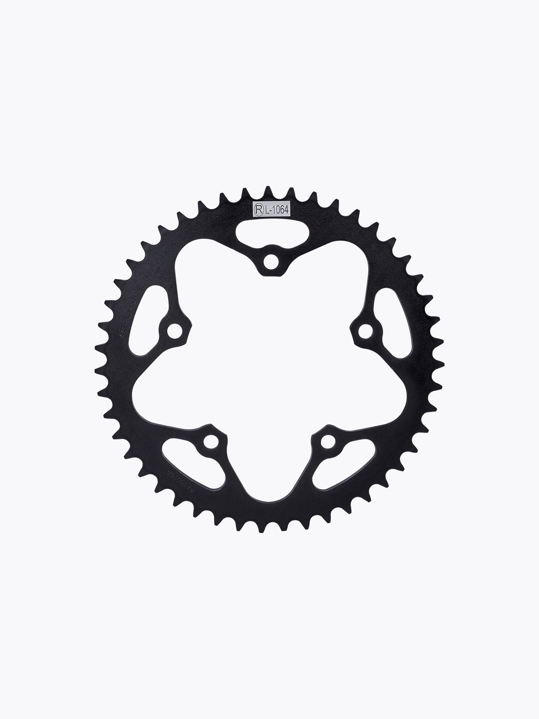Black motorcycle sprocket gear with 5-bolt pattern on white background