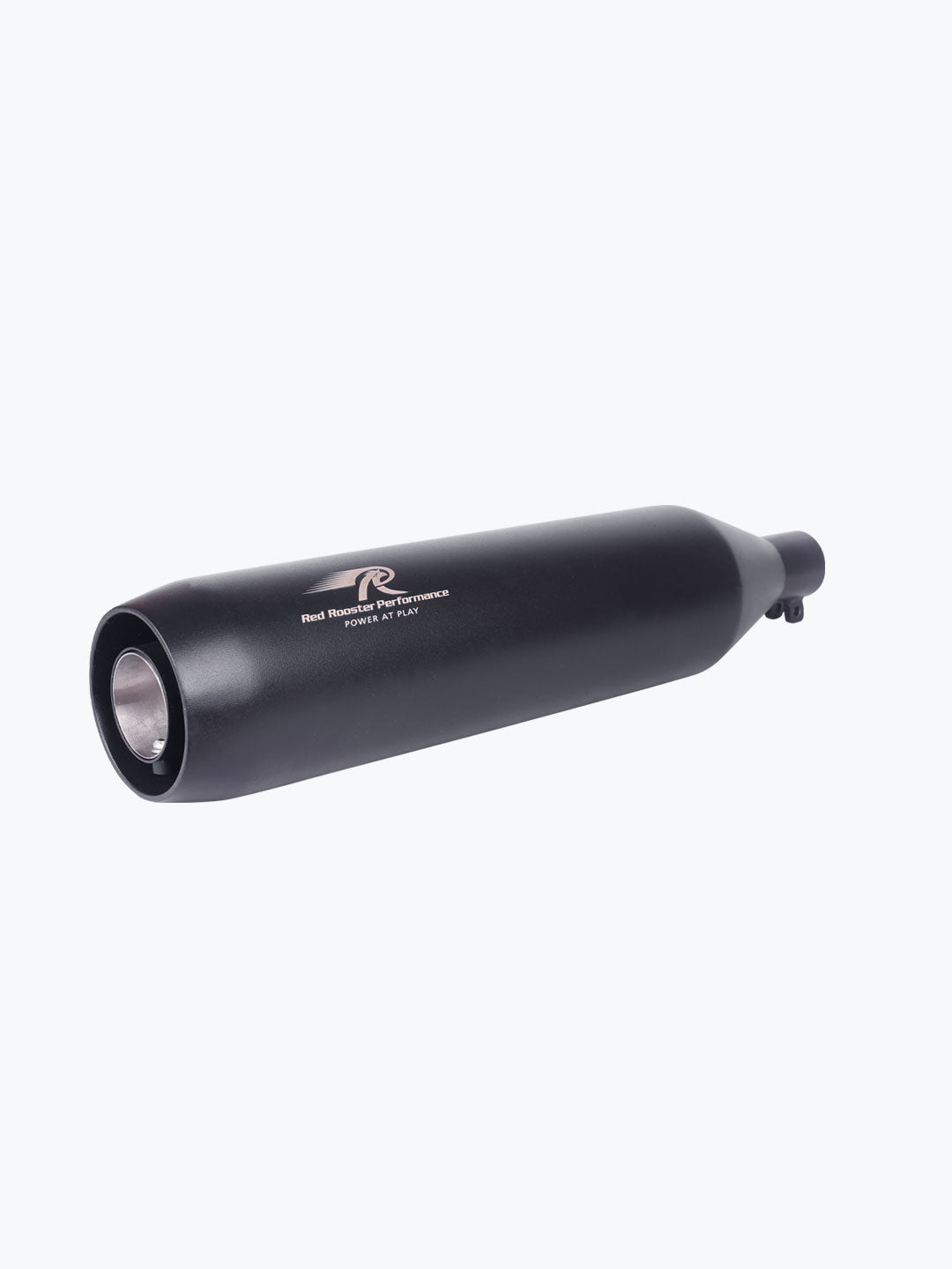 Black motorcycle exhaust silencer with Red Rooster Performance logo on white background