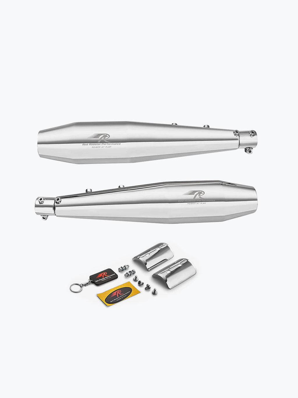 Motorcycle exhaust silencer set with chrome finish, heat shields, hardware, and keychain.