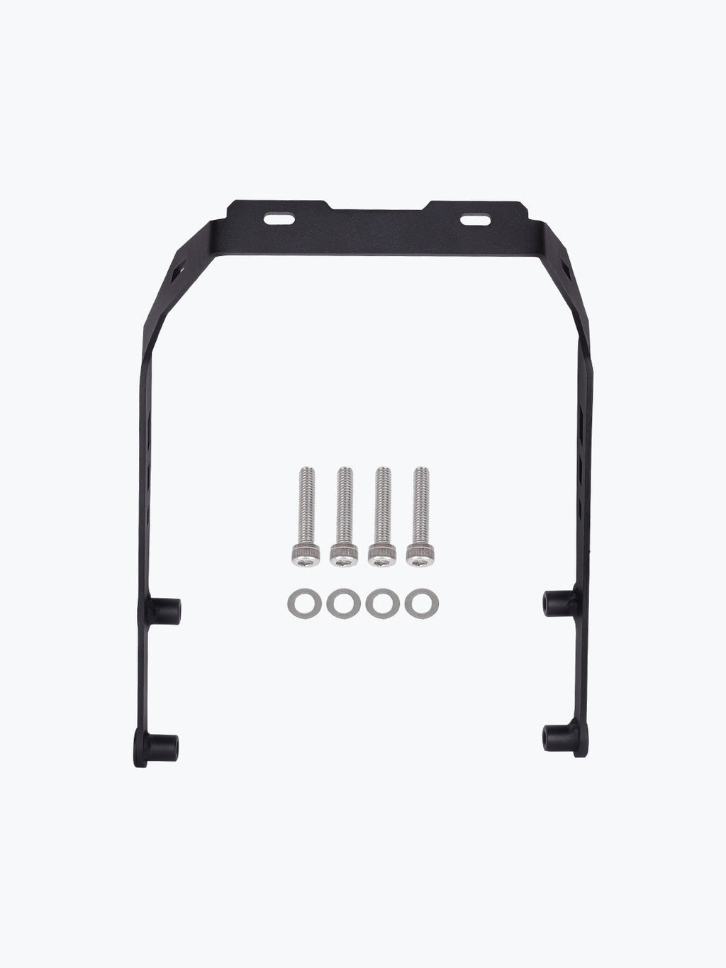Black metal motorcycle mounting bracket with four silver screws and washers on white background