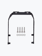 Black metal motorcycle mounting bracket with four silver screws and washers on white background