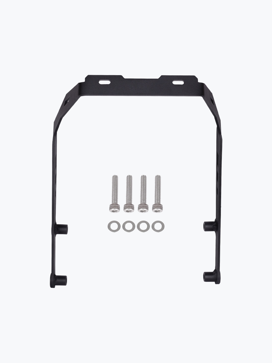 Black metal motorcycle mounting bracket with four silver screws and washers on white background