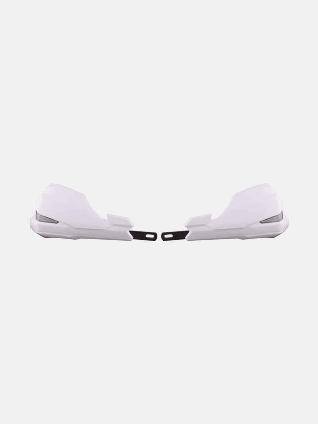 Pair of white motorcycle hand guards with black mounting brackets on white background