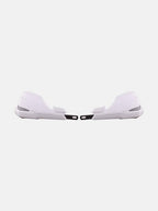 Pair of white motorcycle hand guards with black mounting brackets on white background