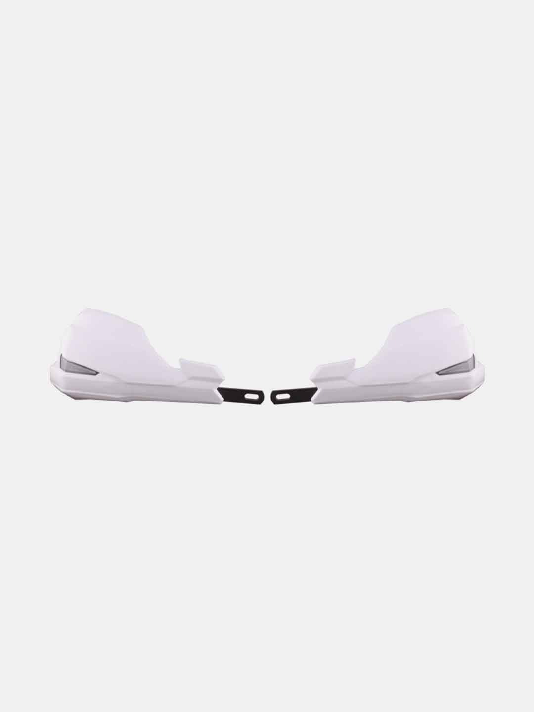 Pair of white motorcycle hand guards with black mounting brackets on white background