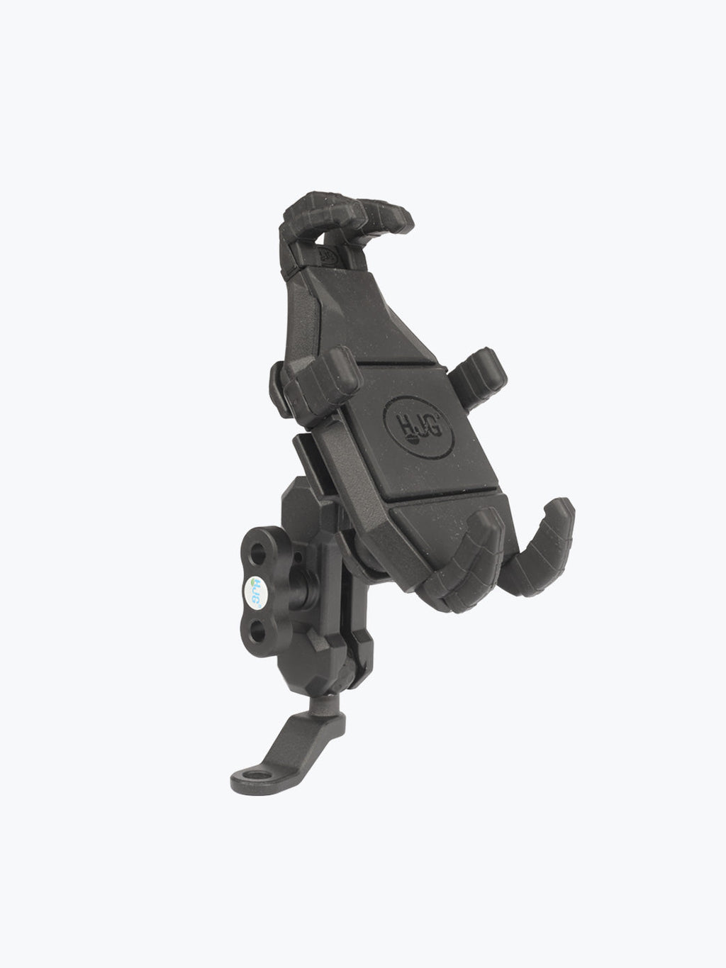 Black adjustable motorcycle phone holder mount with rugged grip arms on white background