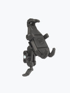 Black adjustable motorcycle phone holder mount with rugged grip arms on white background