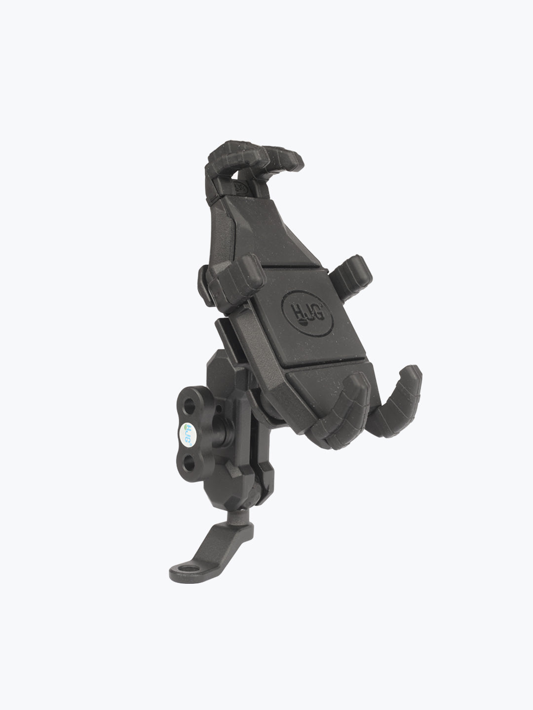 Black adjustable motorcycle phone holder mount with rugged grip arms on white background