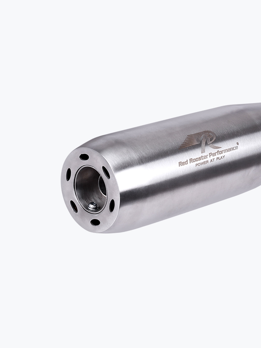 Stainless steel motorcycle exhaust muffler with Red Rooster Performance logo