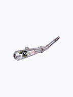 Motorcycle titanium exhaust pipe with black and yellow label on white background