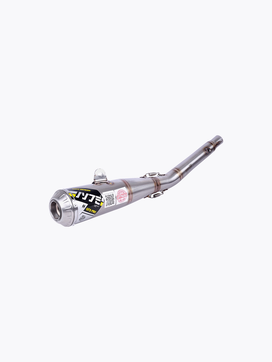 Motorcycle titanium exhaust pipe with black and yellow label on white background