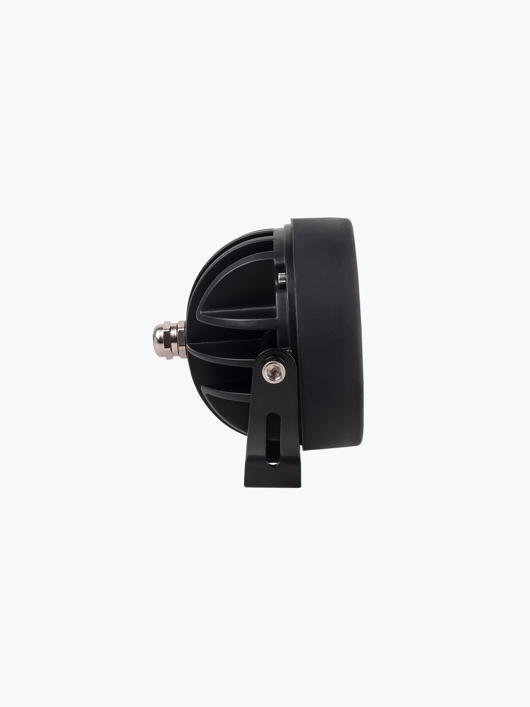 Black motorcycle LED headlight side view with mounting bracket on white background