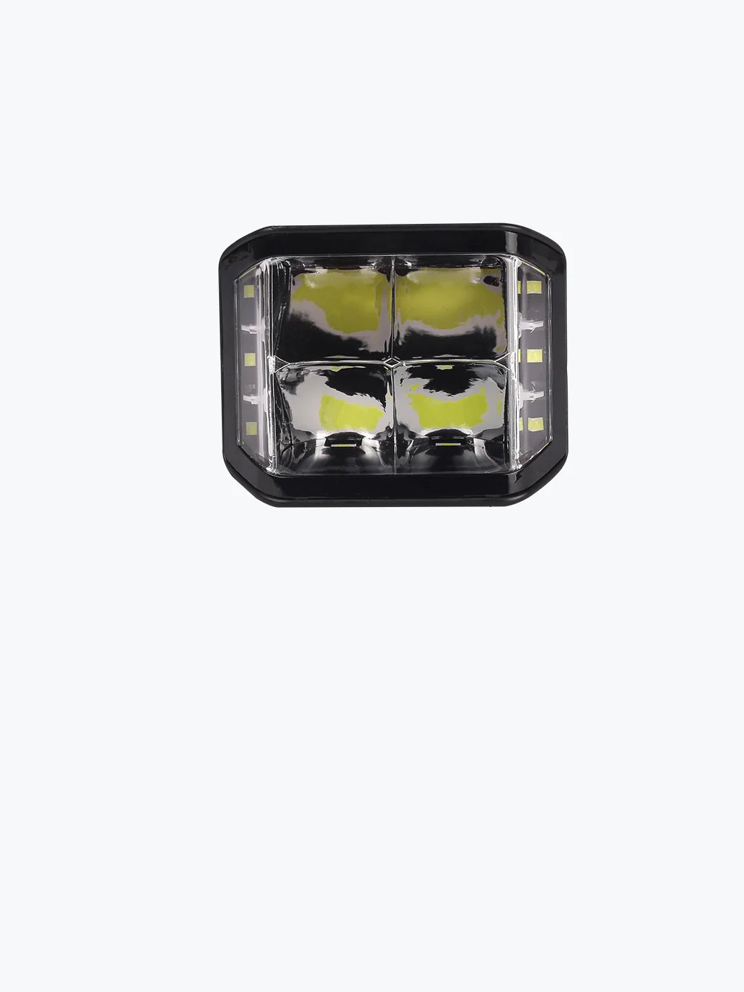 Rectangular LED motorcycle headlight with four lenses and black housing on white background