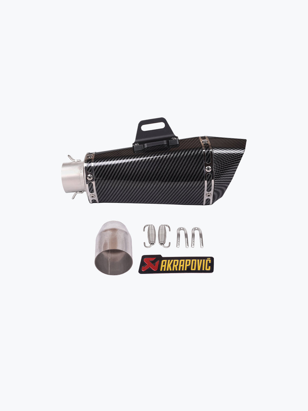 Carbon fiber motorcycle exhaust muffler with mounting accessories and Akrapovic logo badge