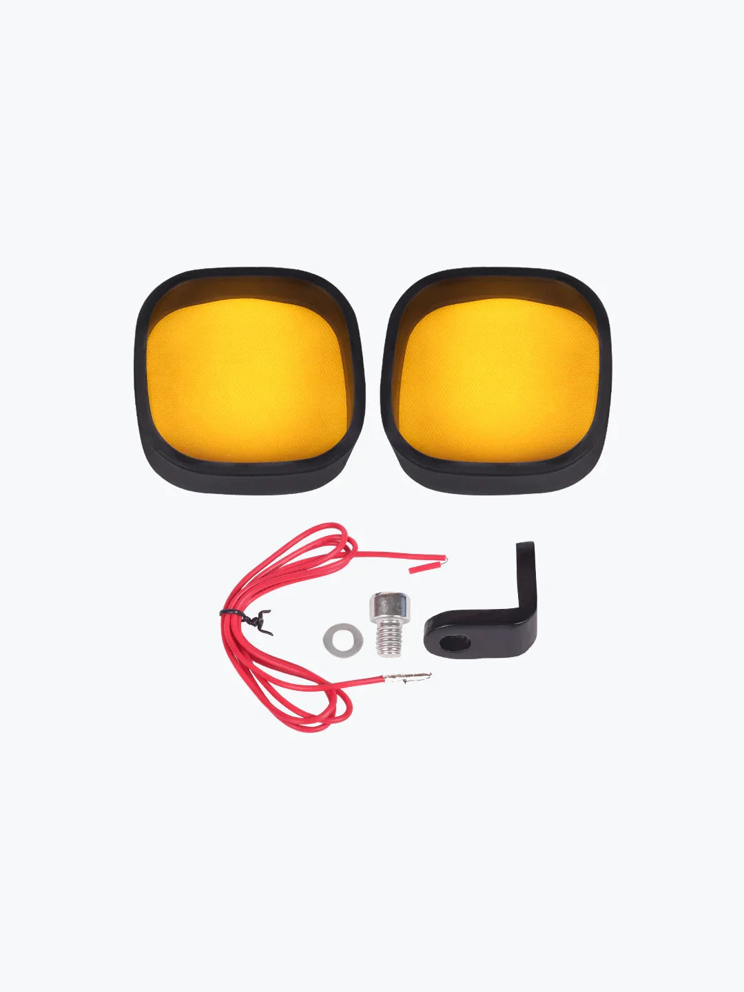 Motorcycle yellow lens covers with wiring, bolt, washer, and mounting bracket on white background