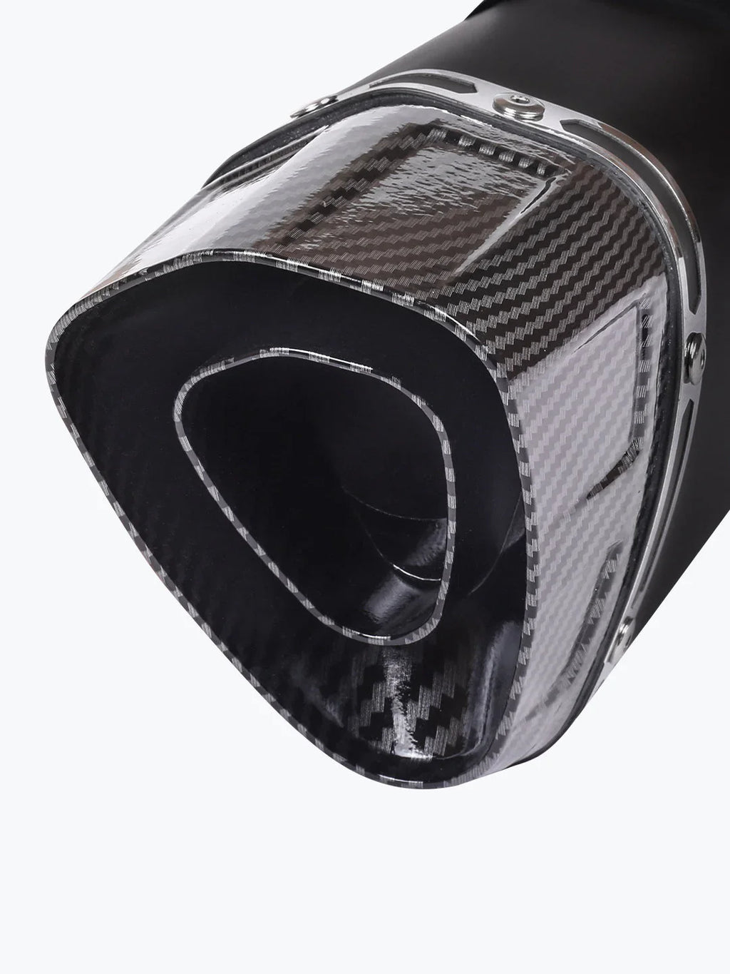 Close-up of a carbon fiber motorcycle exhaust tip with a modern angular design