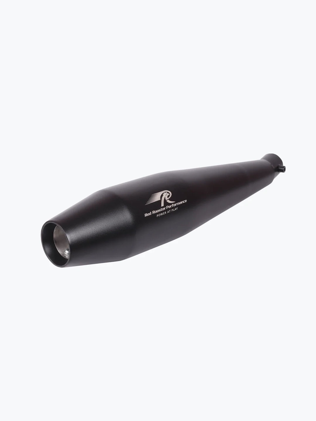 Black motorcycle exhaust muffler with metallic tip on a plain background