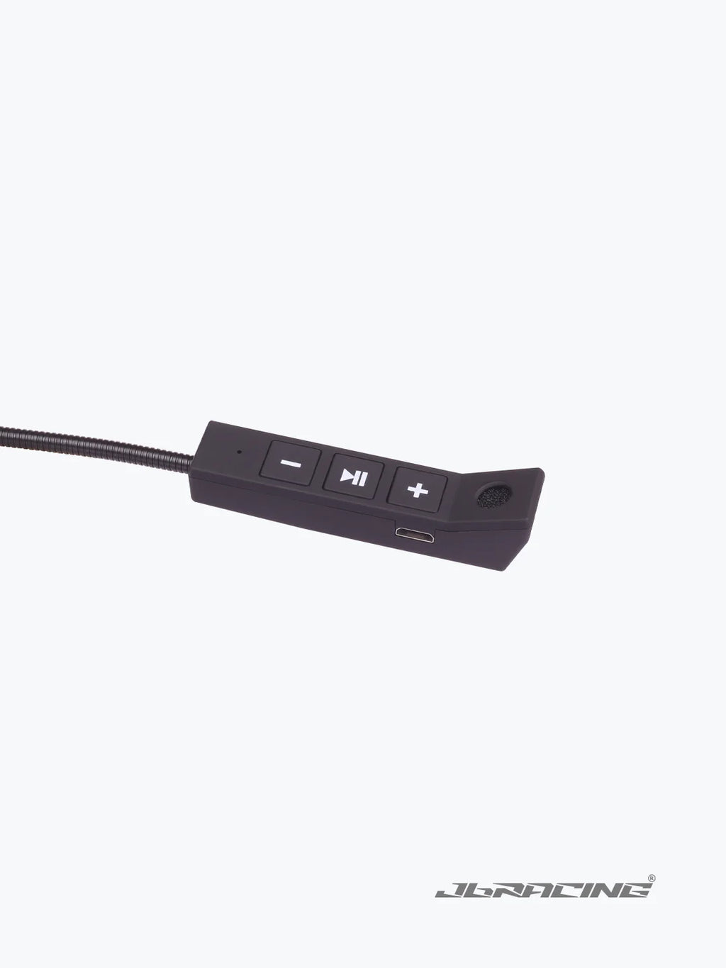 Motorcycle helmet audio controller with volume and playback buttons on white background