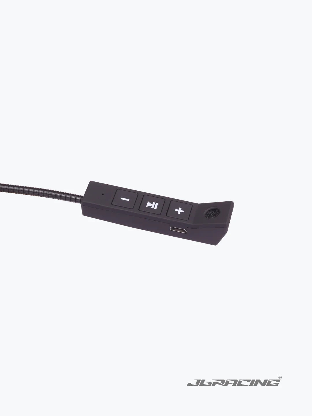 Motorcycle helmet audio controller with volume and playback buttons on white background