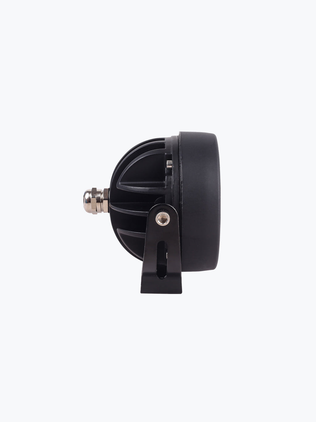 Side view of a black motorcycle LED headlight with mounting bracket on white background