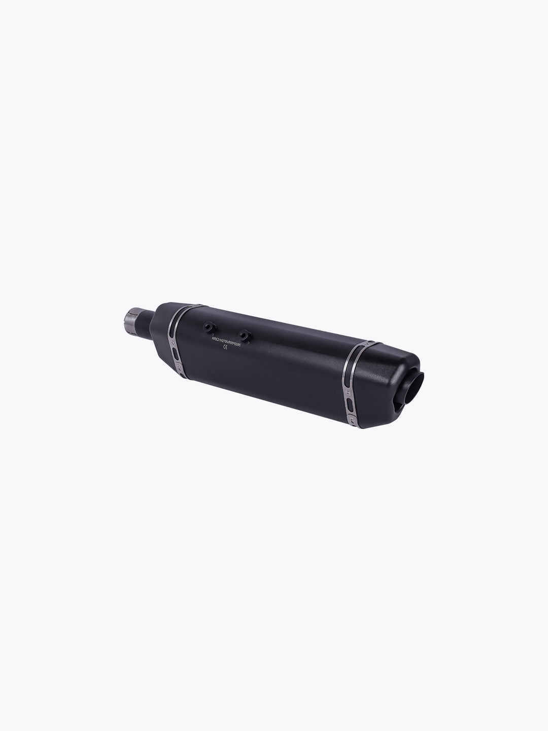 Black motorcycle exhaust muffler with silver accents on a white background