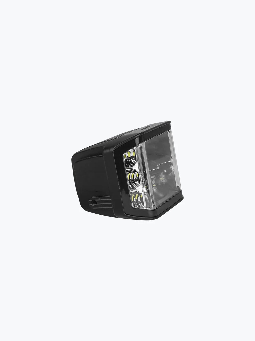 Black motorcycle LED headlight with clear lens on a white background