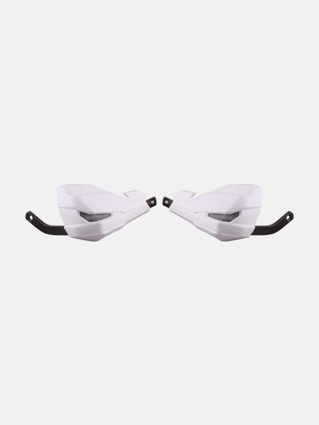 Pair of white motorcycle handguards with black mounting brackets on white background
