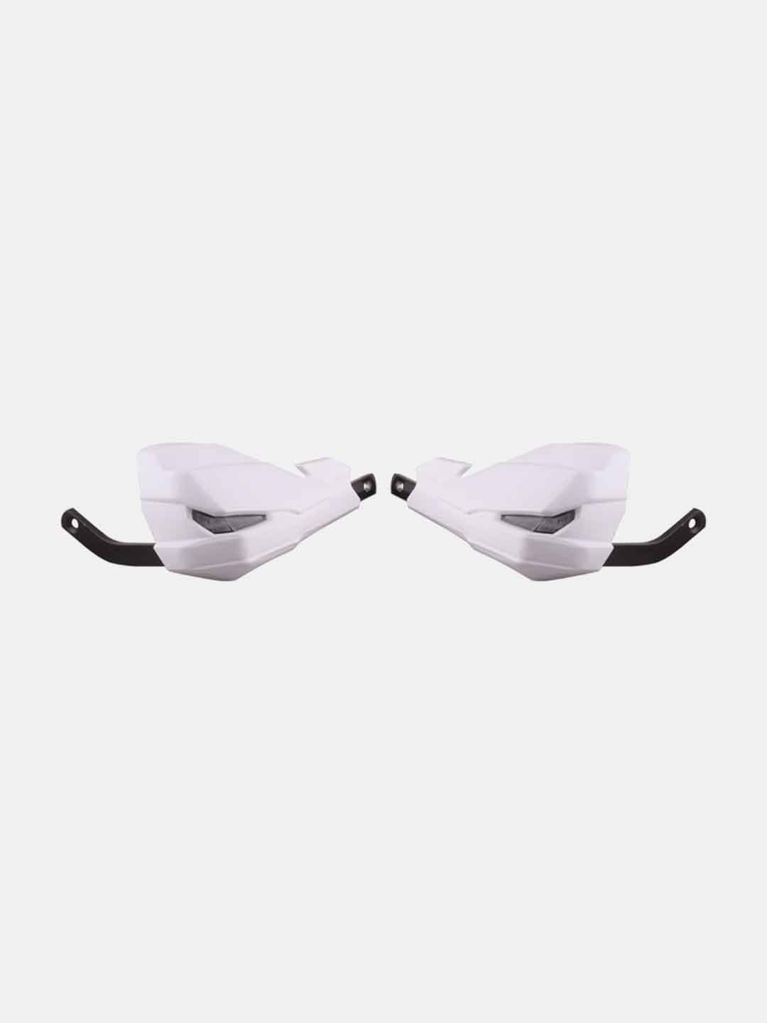 Pair of white motorcycle handguards with black mounting brackets on white background