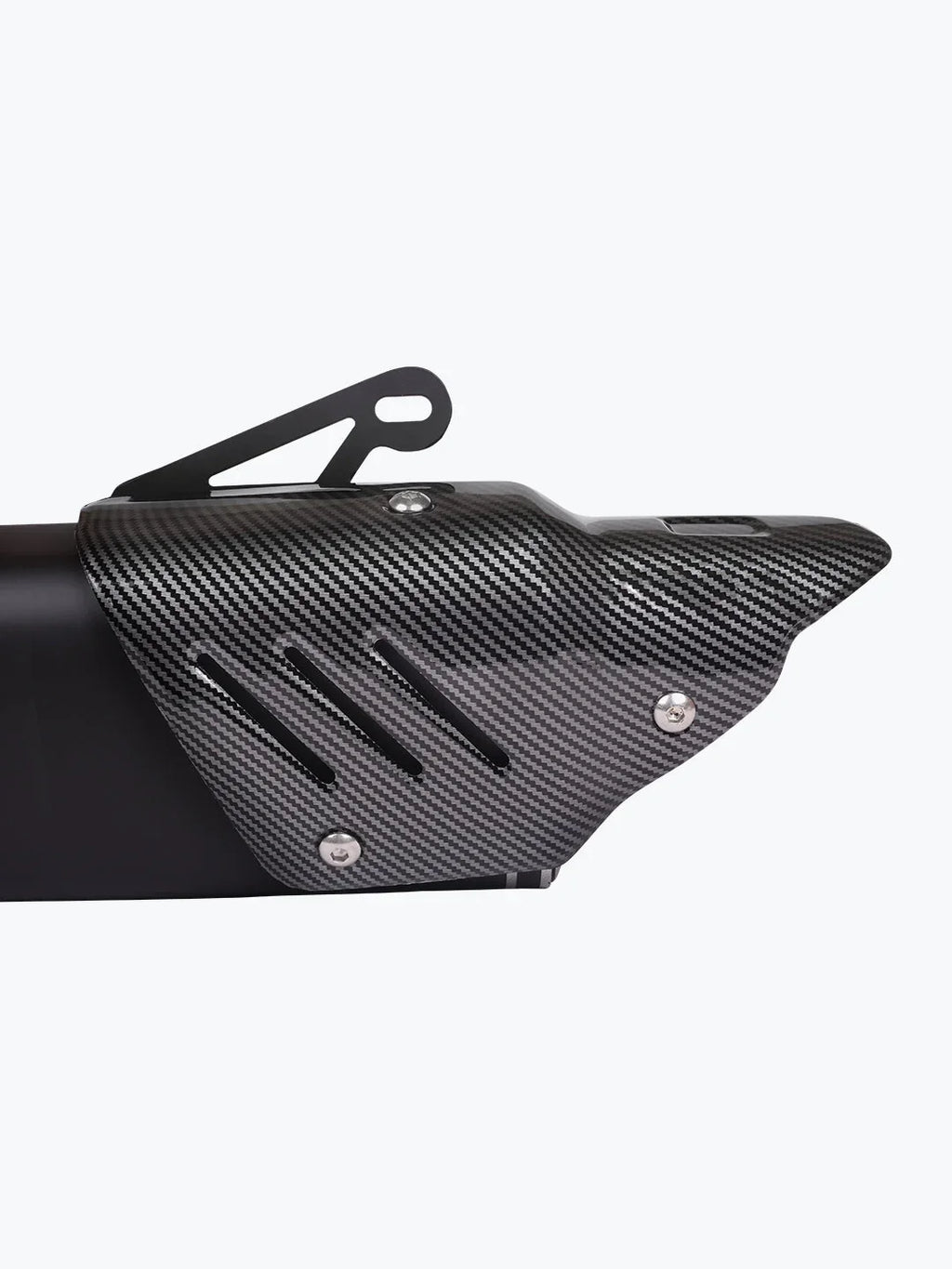 Carbon fiber motorcycle exhaust heat shield with black vented design on white background