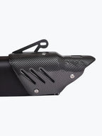 Carbon fiber motorcycle exhaust heat shield with black vented design on white background