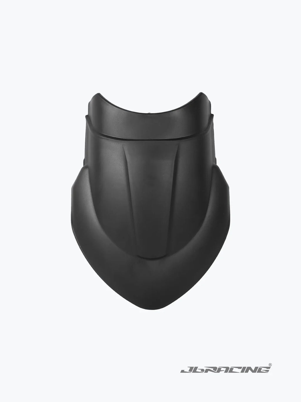 Black motorcycle front fairing with aerodynamic design on light background